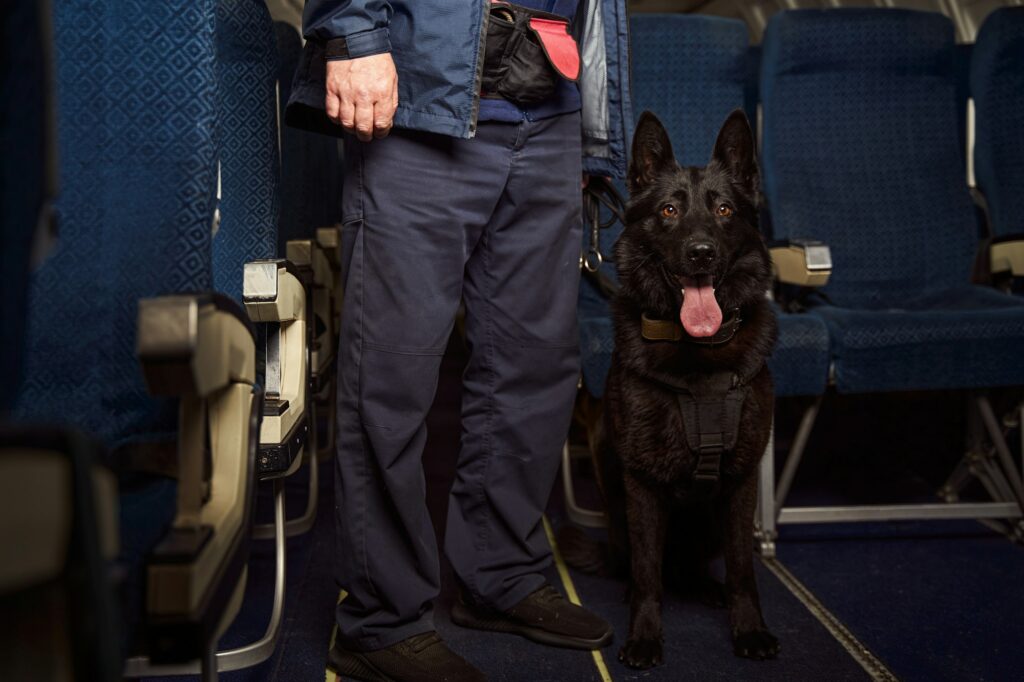 Male security officer with police dog standing inside plane